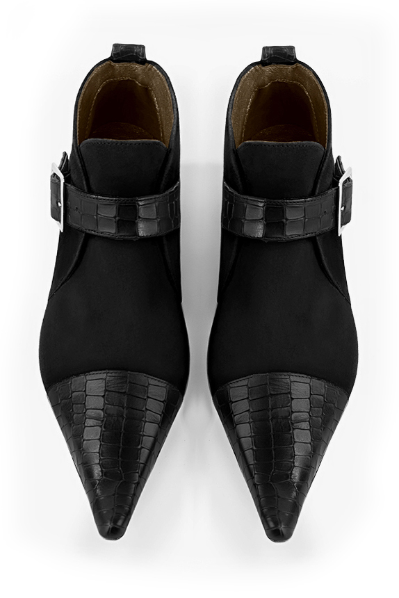 Satin black women's ankle boots with buckles at the front. Pointed toe. Medium block heels. Top view - Florence KOOIJMAN